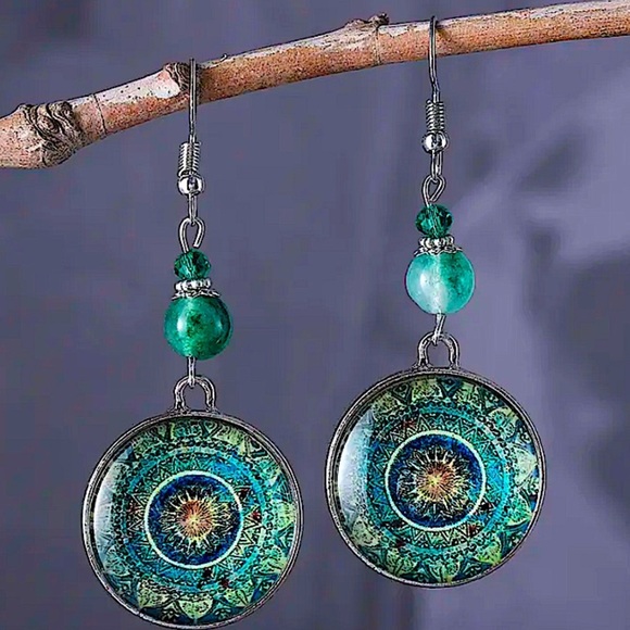 Bohemian Blue Mandala Dangle Earrings Silver Handmade Beaded Hook - Picture 1 of 10